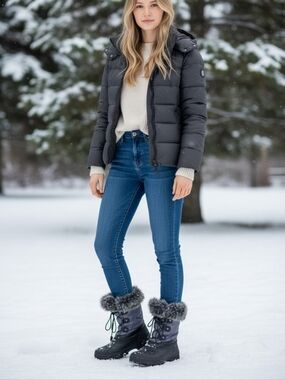 Thinsulate KSNOW black gray fur top lace up winter snow waterproof boots sz 6